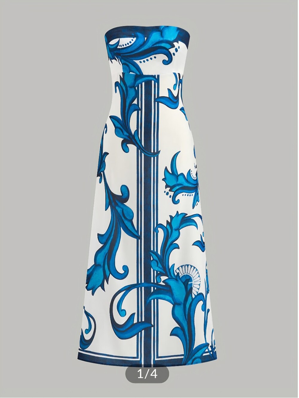 Commense Strapless White Dress with Blue Scroll Print
